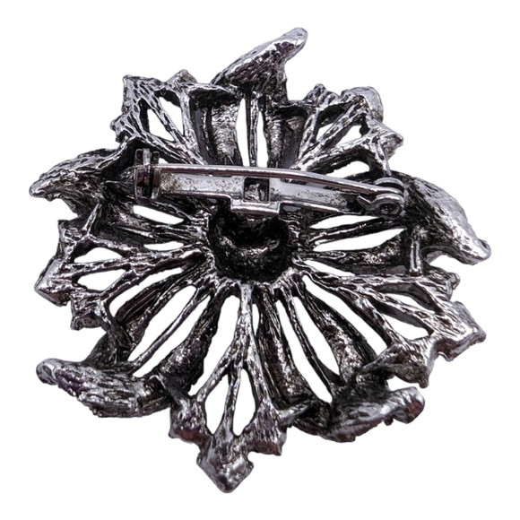 Vintage Aurora Borealis Rhinestone Silver Tone Flower Leaf Estate Brooch Pin - Picture 5 of 6